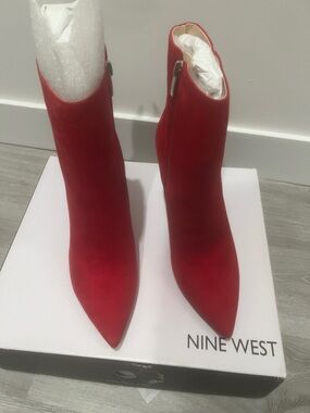 Red Suede Pointed Toe Ankle Booties with Side Zip ( Amina Muaddi ) inspired heel